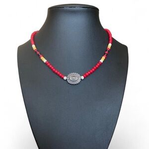 Chic Silver Necklace with Red and Yellow Beads